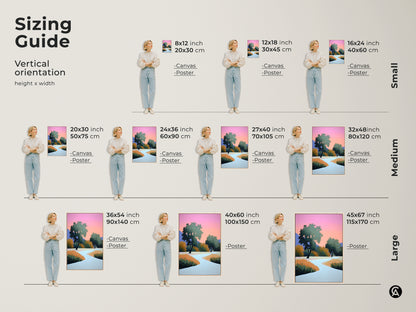 Sizing guide showing the modern abstract landscape canvas in various sizes. Vertical orientations are available. Find the perfect fit for your space with small medium and large options. Transform your bedroom decor with nature.
