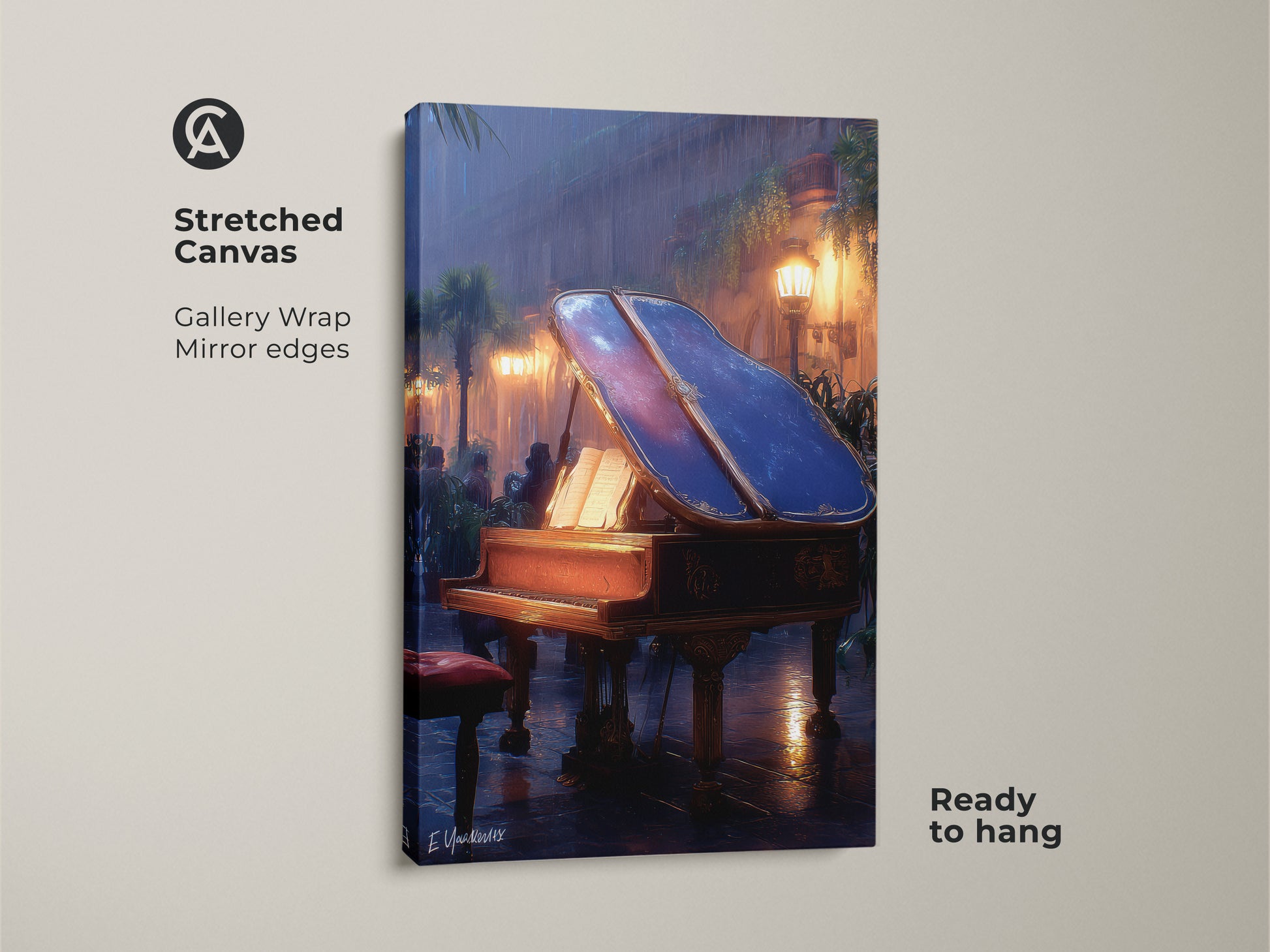 A Stretched Canvas grand piano art is ready to hang with gallery wrapped mirror edges. The mahogany amber blue print provides sophisticated wall decor. A perfect musician studio art ideal as a fine art canvas print for music room ambiance.