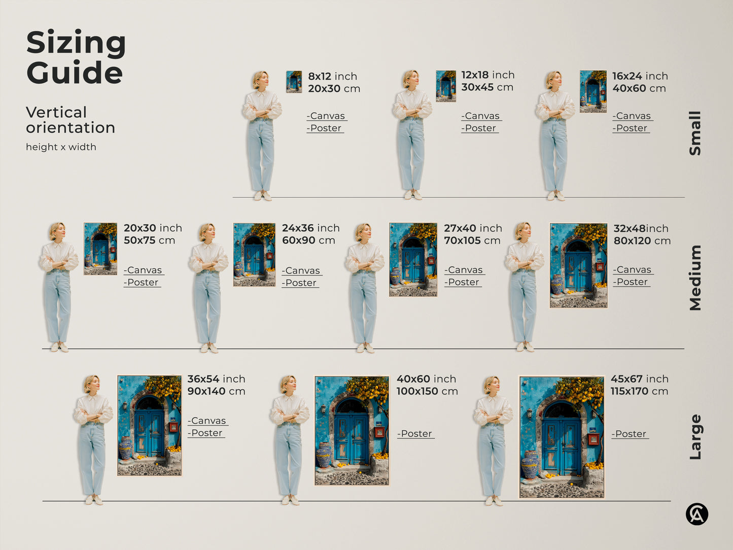 Sizing Guide for vertical orientation canvas and poster prints. Heights and widths are shown with a person next to the art for scale. The azure blue door and lemon tree art is perfect for boho home decor. Get the perfect size for your space.