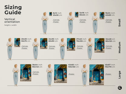 Sizing Guide for vertical orientation canvas and poster prints. Heights and widths are shown with a person next to the art for scale. The azure blue door and lemon tree art is perfect for boho home decor. Get the perfect size for your space.