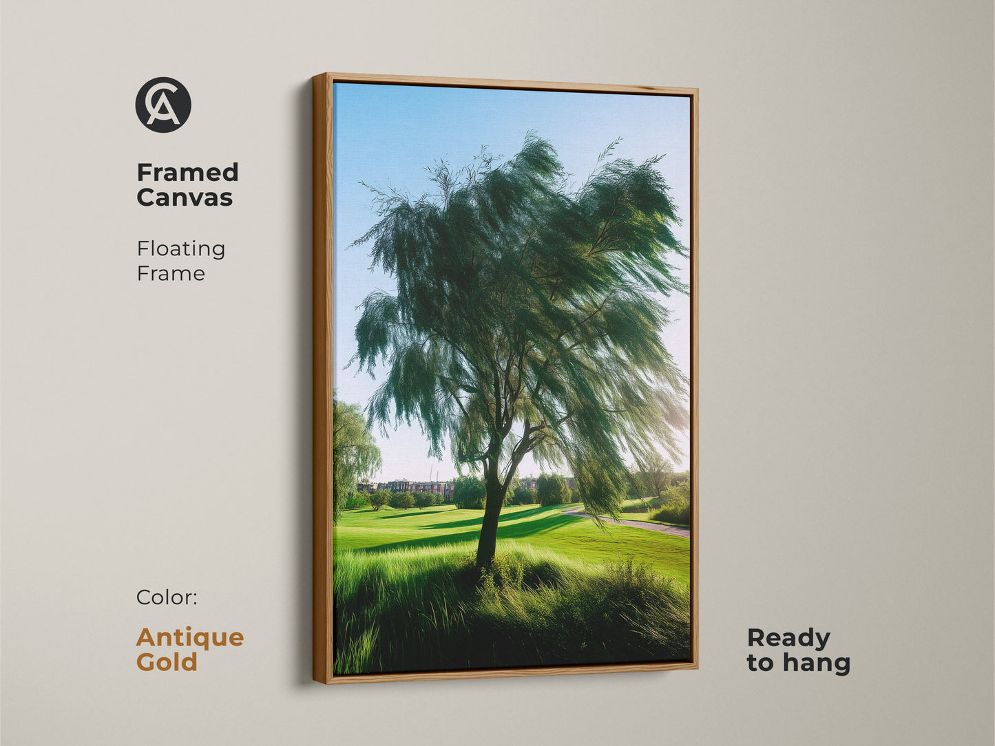 An antique gold framed canvas displays realistic green golf course artwork. This nature photography features a windswept tree. The ready to hang print is ideal for contemporary living room decor.