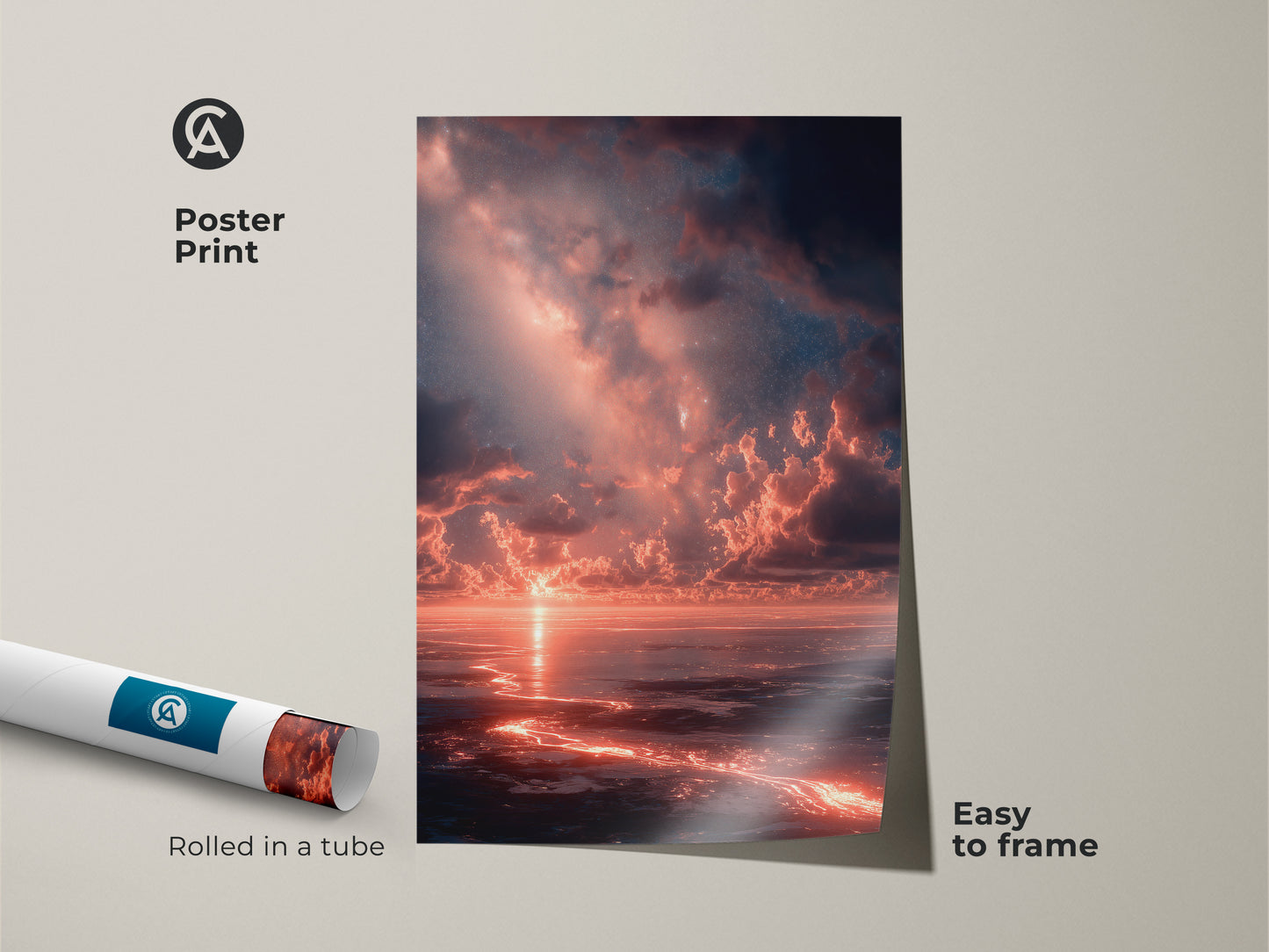 Poster print showcasing a vivid sunset over the sea. This museum-quality paper art print is rolled in a tube for protection. It is easy to frame and perfect for adding a splash of color to your space. A beautiful and affordable art solution.