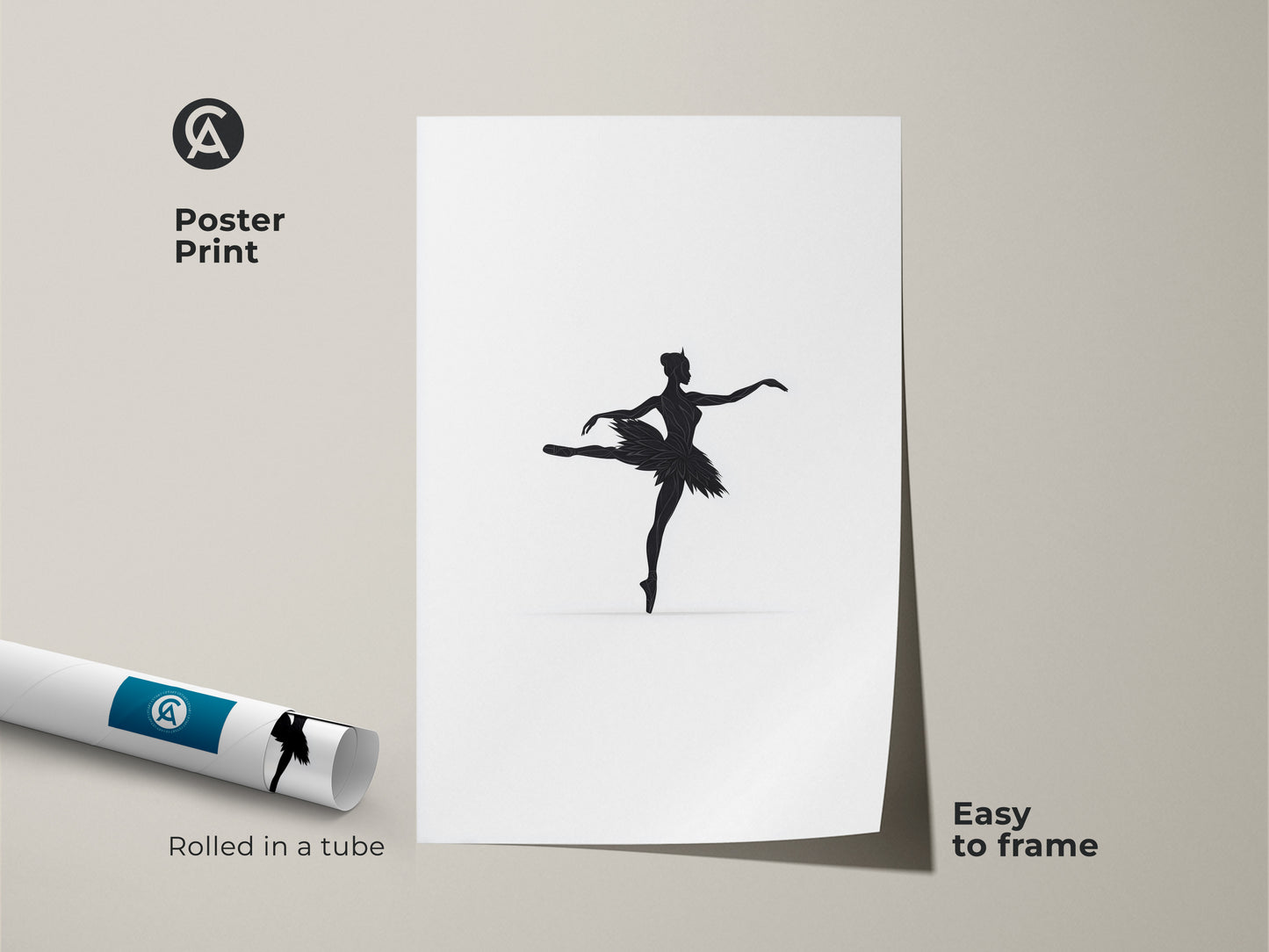 A minimalist black ballerina silhouette art is presented as a poster print. Rolled in a tube it is easy to frame. This modern dance wall art is perfect for creating aesthetic dance decor. It is a simple yet elegant piece for a bedroom or studio providing an artistic touch.