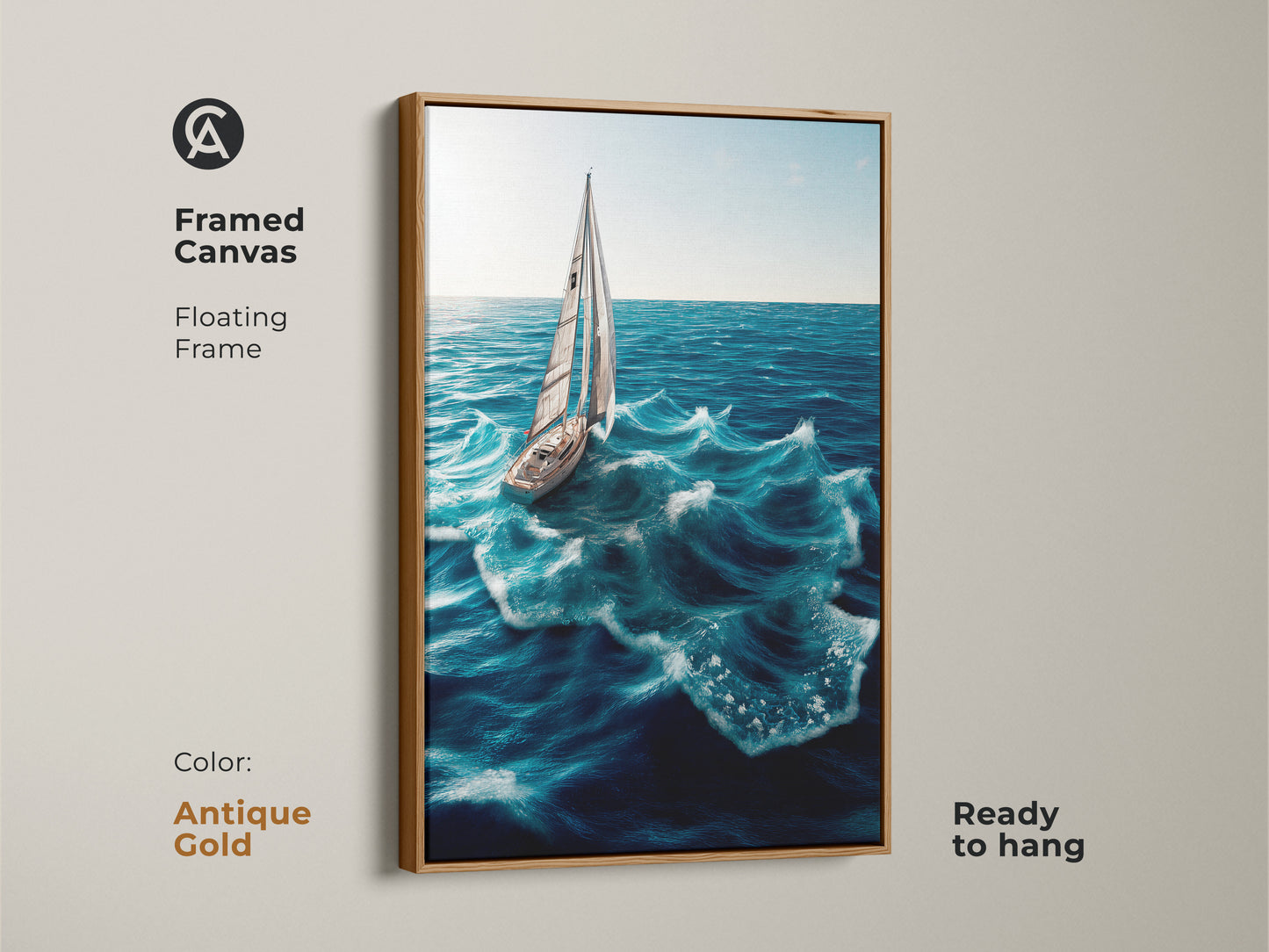 Framed canvas with a sailboat on deep blue ocean waves. Antique gold floating frame adds a touch of elegance. Ready to hang coastal nautical artwork. Ideal for boat lovers seeking maritime artwork. Brighten your space with seaside charm and ocean beauty.