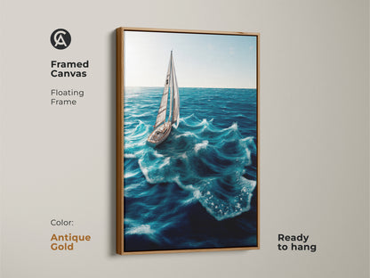 Framed canvas with a sailboat on deep blue ocean waves. Antique gold floating frame adds a touch of elegance. Ready to hang coastal nautical artwork. Ideal for boat lovers seeking maritime artwork. Brighten your space with seaside charm and ocean beauty.