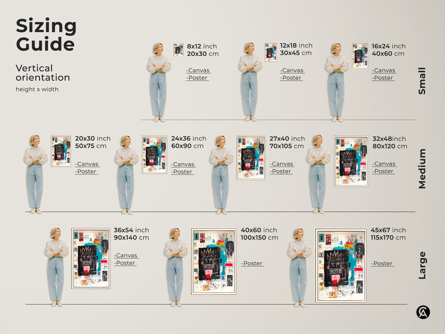 Sizing guide for Basquiat-inspired art. Find the perfect fit for your space. Vertical orientation options are available in canvas and poster prints. From small to large sizes. Enhance your decor with the ideal art piece.