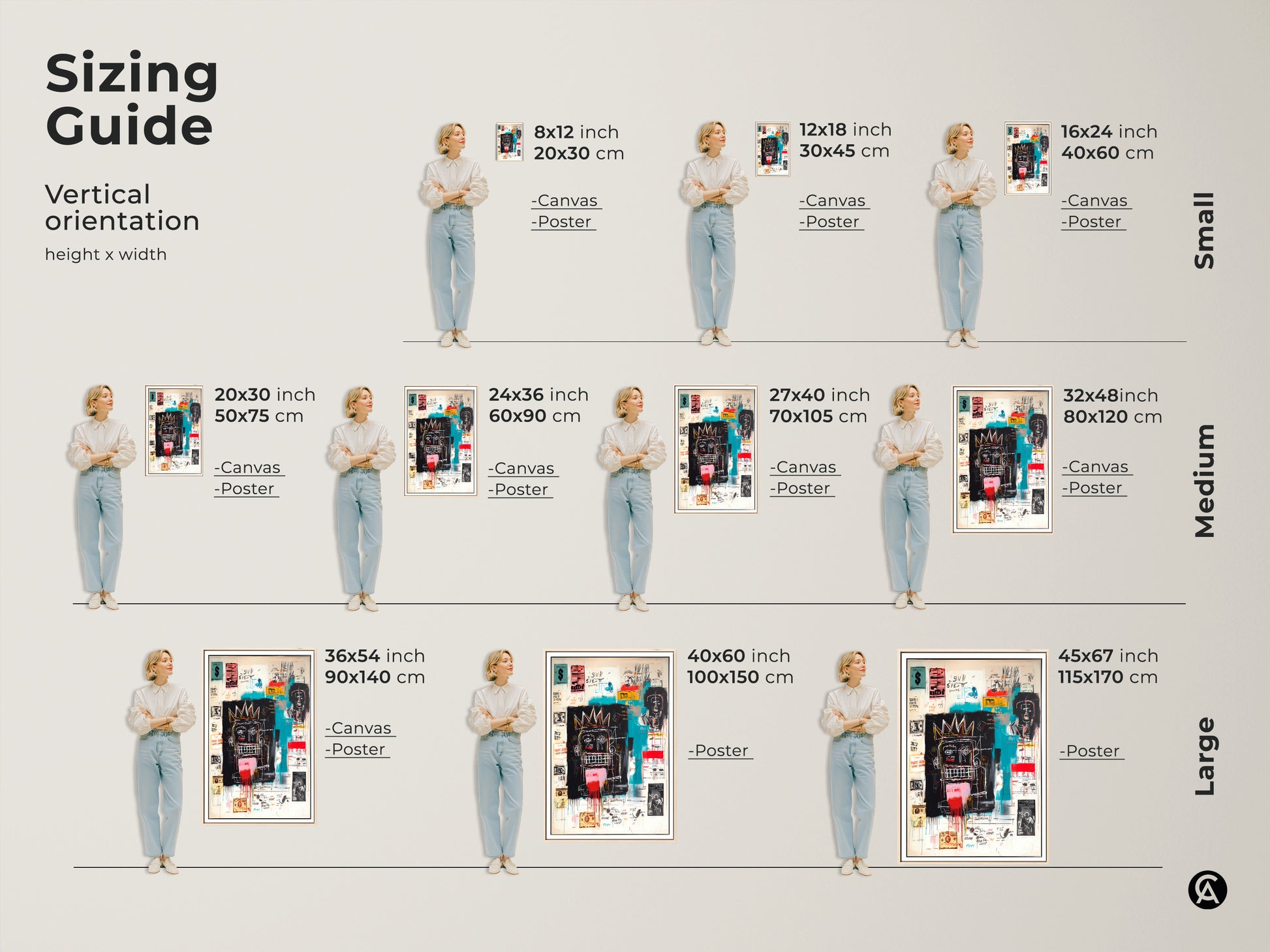 Sizing guide for Basquiat-inspired art. Find the perfect fit for your space. Vertical orientation options are available in canvas and poster prints. From small to large sizes. Enhance your decor with the ideal art piece.