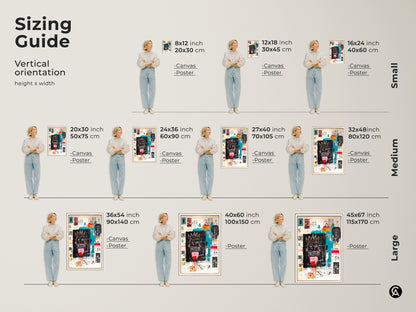 Sizing guide for Basquiat-inspired art. Find the perfect fit for your space. Vertical orientation options are available in canvas and poster prints. From small to large sizes. Enhance your decor with the ideal art piece.