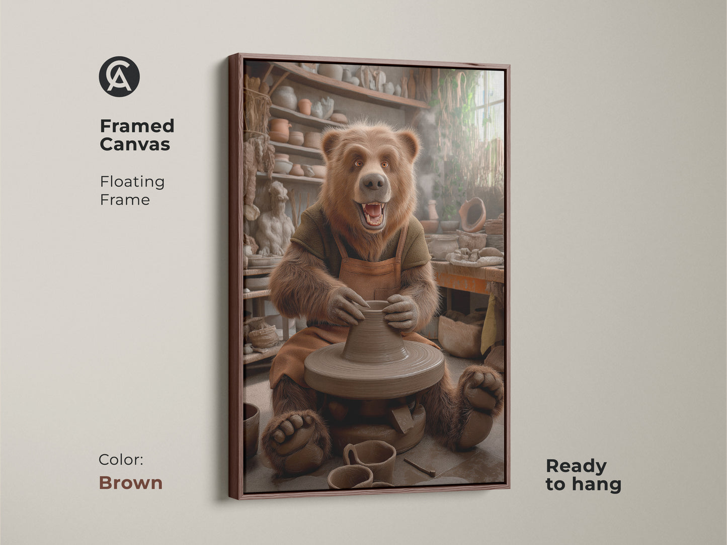 A framed canvas features a bear working at a pottery wheel. The floating frame in brown highlights the rustic studio scene. This animal wall decor is ready to hang. The earth tone bear artwork is perfect for craft enthusiasts. It's a unique gift for pottery lovers.