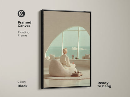 Black framed canvas of a minimalist woman meditating with ocean view. The zen yoga wall art canvas is ready to hang. Bring calming wellness to any living space with this art.