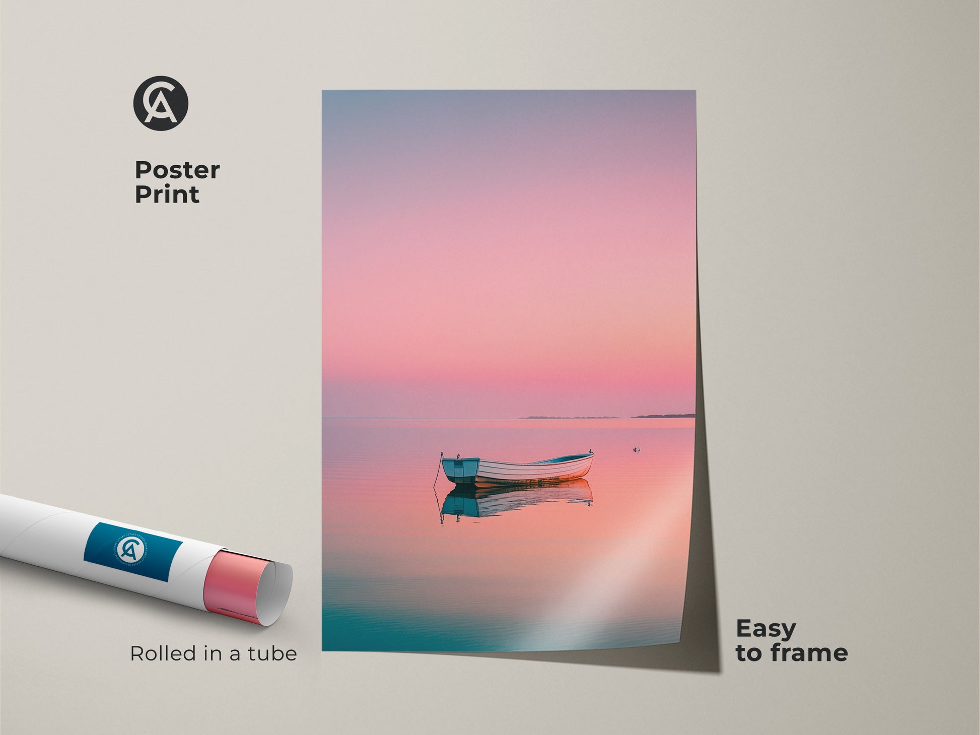 Poster print of a boat on calm water at sunset. The poster is rolled in a tube for protection. It is easy to frame. The pastel colors are soothing. Buy poster prints online for wall decor.