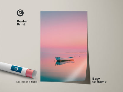 Poster print of a boat on calm water at sunset. The poster is rolled in a tube for protection. It is easy to frame. The pastel colors are soothing. Buy poster prints online for wall decor.