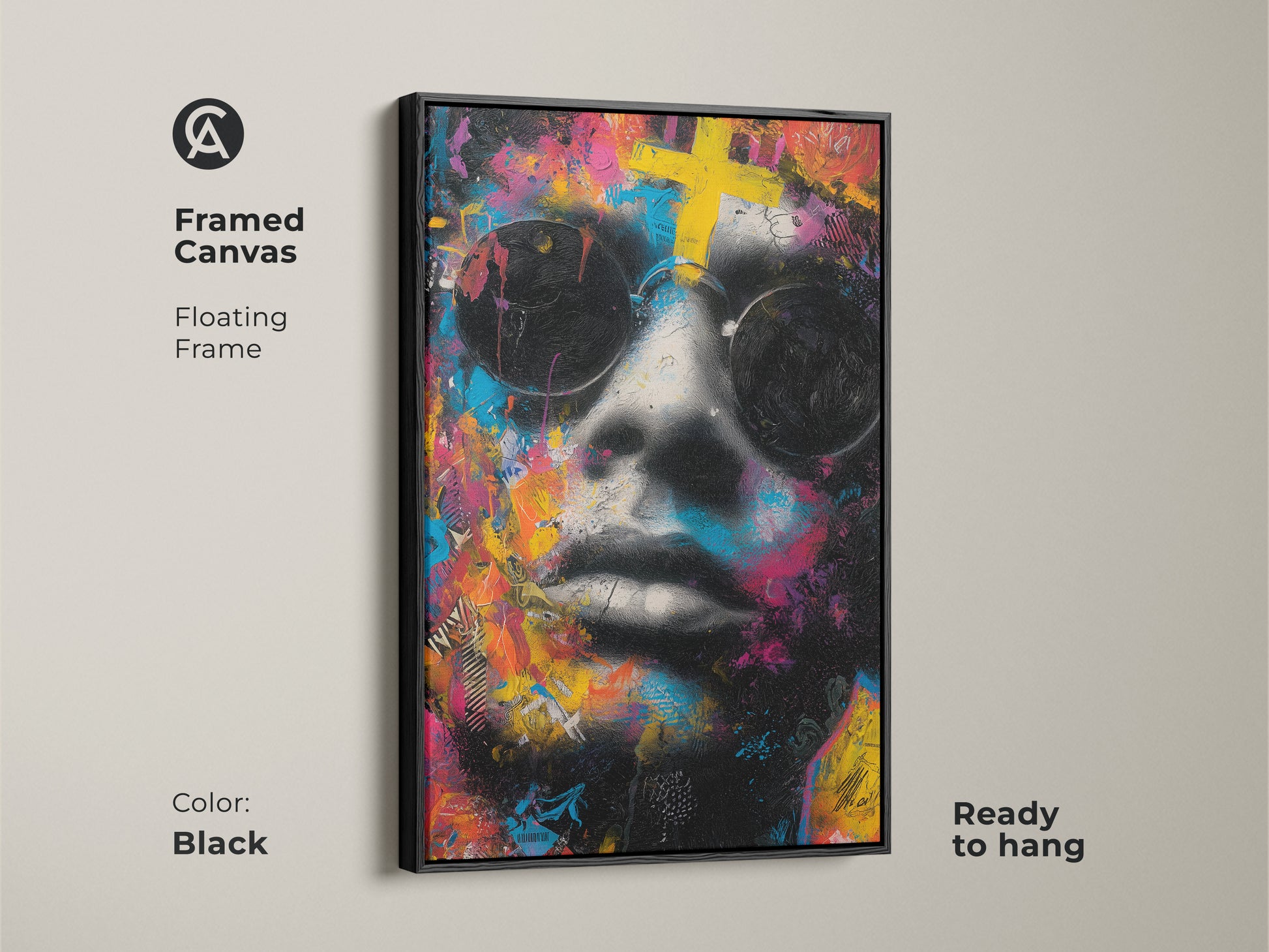 Framed canvas art with a floating frame. The artwork features a face with sunglasses and vibrant colors. Ready to hang this art adds a modern touch to any room. The black frame complements the artwork.