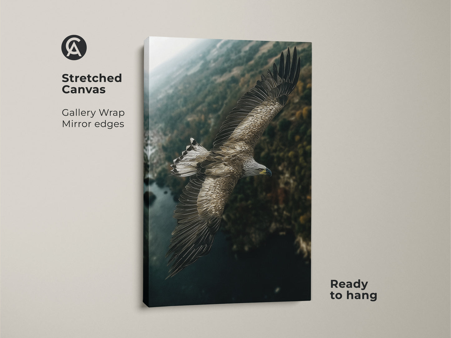 Stretched canvas art of an eagle soaring over a forest landscape. This wildlife canvas wall art is gallery-wrapped with mirrored edges. Ready to hang this rustic nature print brings the outdoors in. This earthy-toned art is perfect for bird and nature lovers.