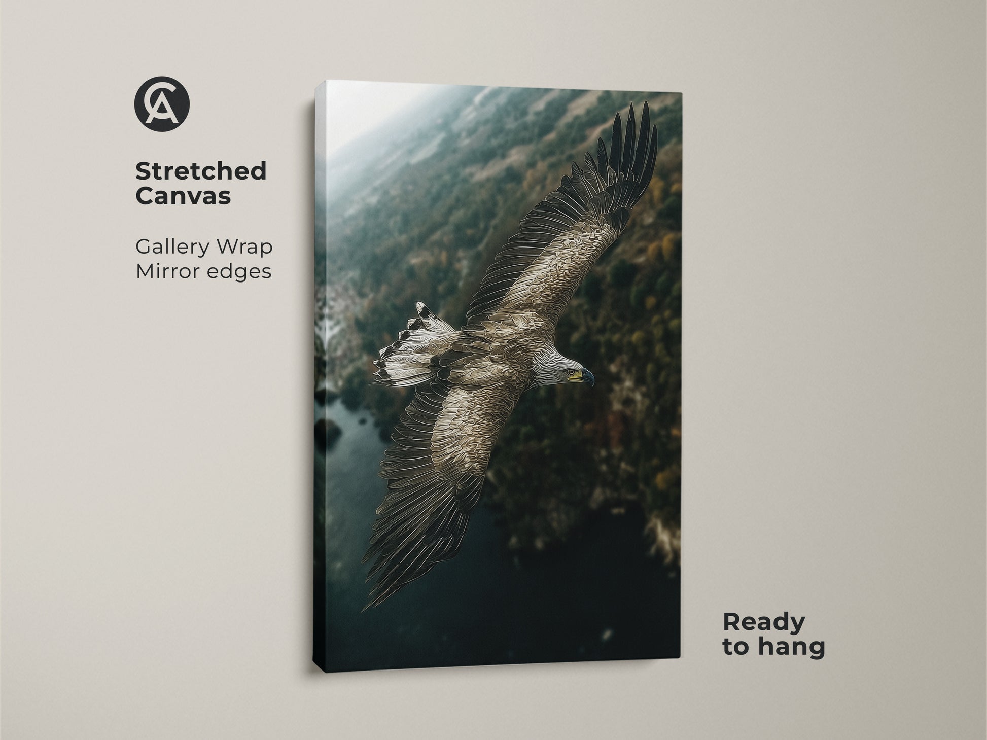 Stretched canvas art of an eagle soaring over a forest landscape. This wildlife canvas wall art is gallery-wrapped with mirrored edges. Ready to hang this rustic nature print brings the outdoors in. This earthy-toned art is perfect for bird and nature lovers.
