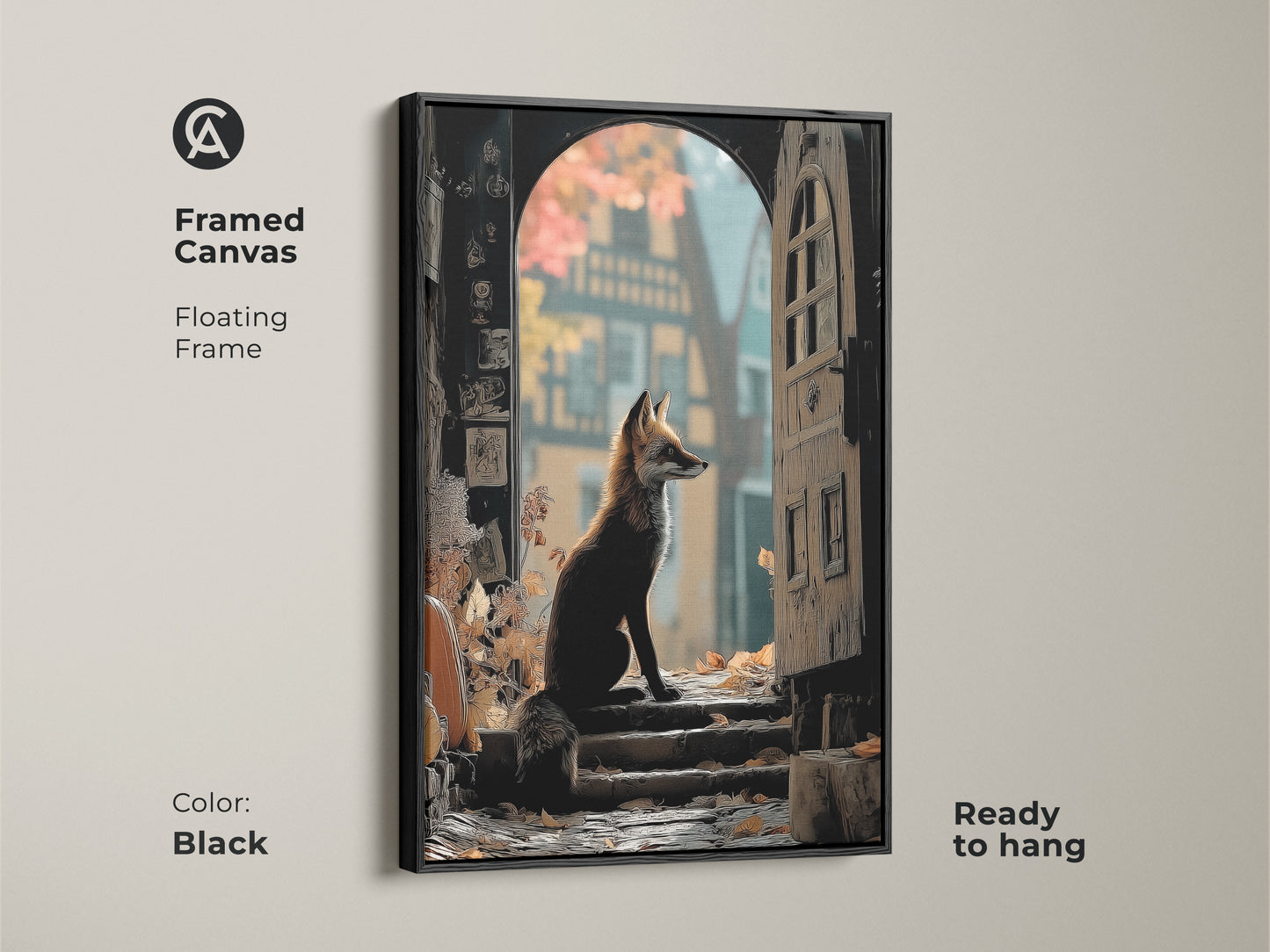 This framed canvas features floating frame in black. The art print features a fox sitting at an archway. The woodland animal art is ready to hang. It makes a great eclectic gift for animal lovers.