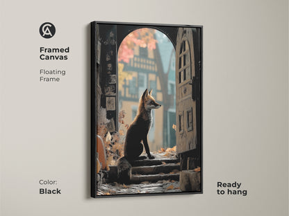 This framed canvas features floating frame in black. The art print features a fox sitting at an archway. The woodland animal art is ready to hang. It makes a great eclectic gift for animal lovers.