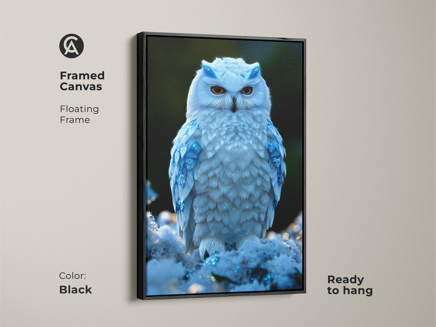 A framed canvas featuring a snowy owl with blue accents. This winter bird wall art has a floating frame in black. Ready to hang this eclectic home decor brings nature and fantasy to your space. It's a majestic bird painting.
