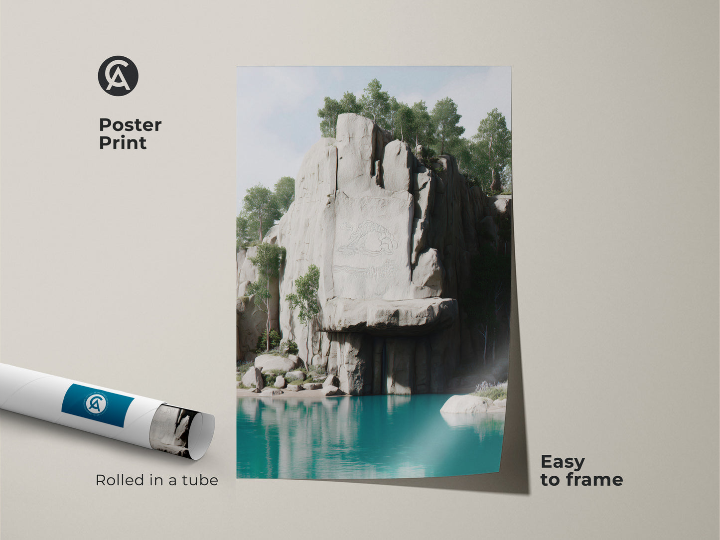 Scenic nature wall art poster print. Featuring a modern teal water print of a gray rock cliff art. This outdoor adventure decor is easy to frame. Rolled in a protective tube.