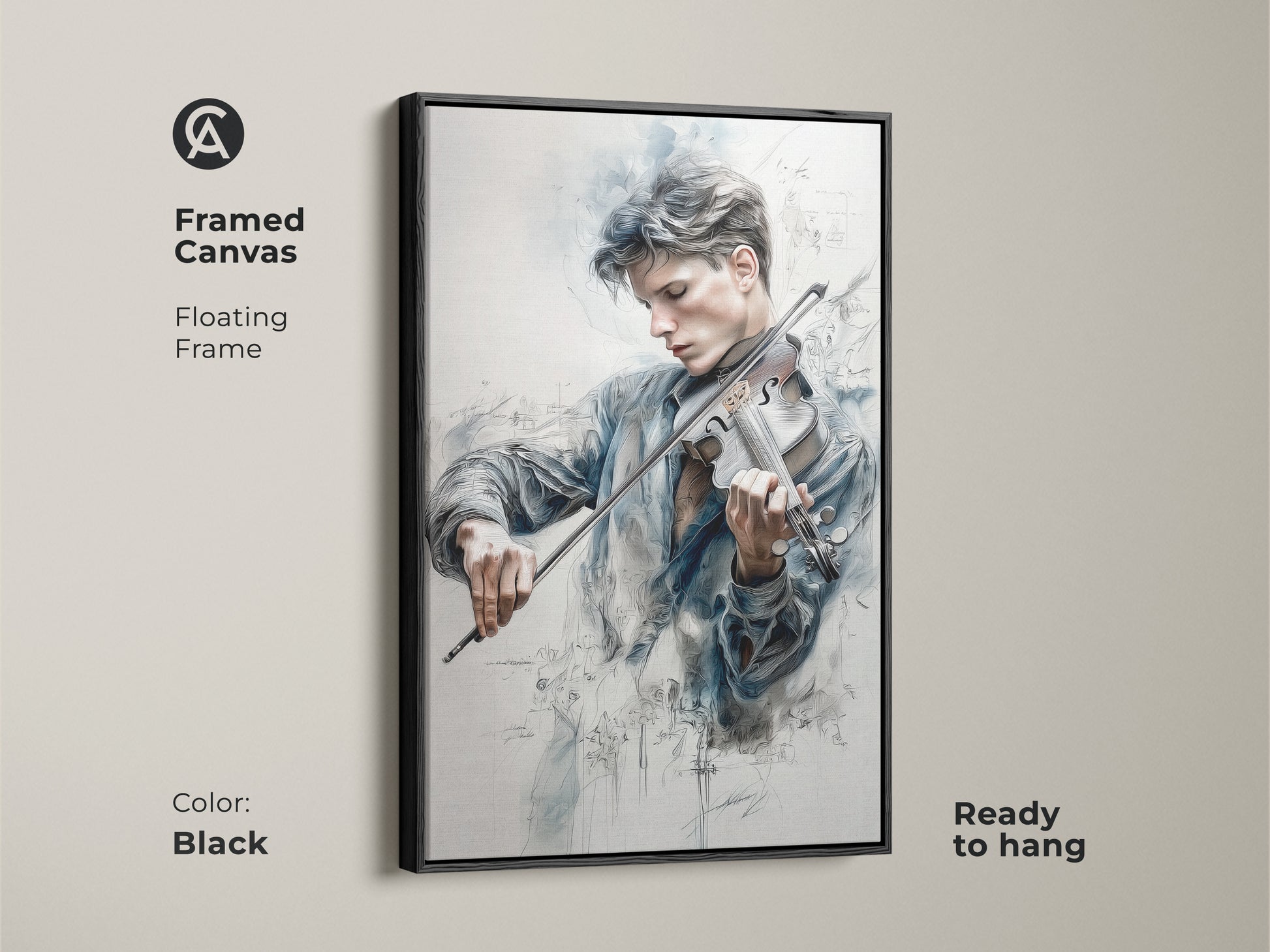Framed canvas art featuring a young violinist in a floating frame. The black frame adds a modern touch to this piece. Musical notes float around the musician creating a beautiful scene. This ready-to-hang artwork is perfect for any room.