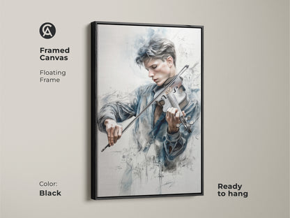 Framed canvas art featuring a young violinist in a floating frame. The black frame adds a modern touch to this piece. Musical notes float around the musician creating a beautiful scene. This ready-to-hang artwork is perfect for any room.