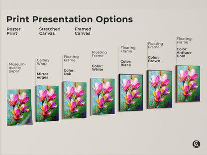 Explore print presentation options for textured floral artwork. Choose from poster print stretched canvas or framed canvas in various colors. Discover gallery wrap museum quality paper and floating frame choices. Find the perfect botanical art to match your decor style.