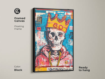 Framed canvas featuring a skull with a gold crown and gold chain. The canvas has a floating black frame. The modern art is ready to hang. This artwork will add a unique touch to your living space.