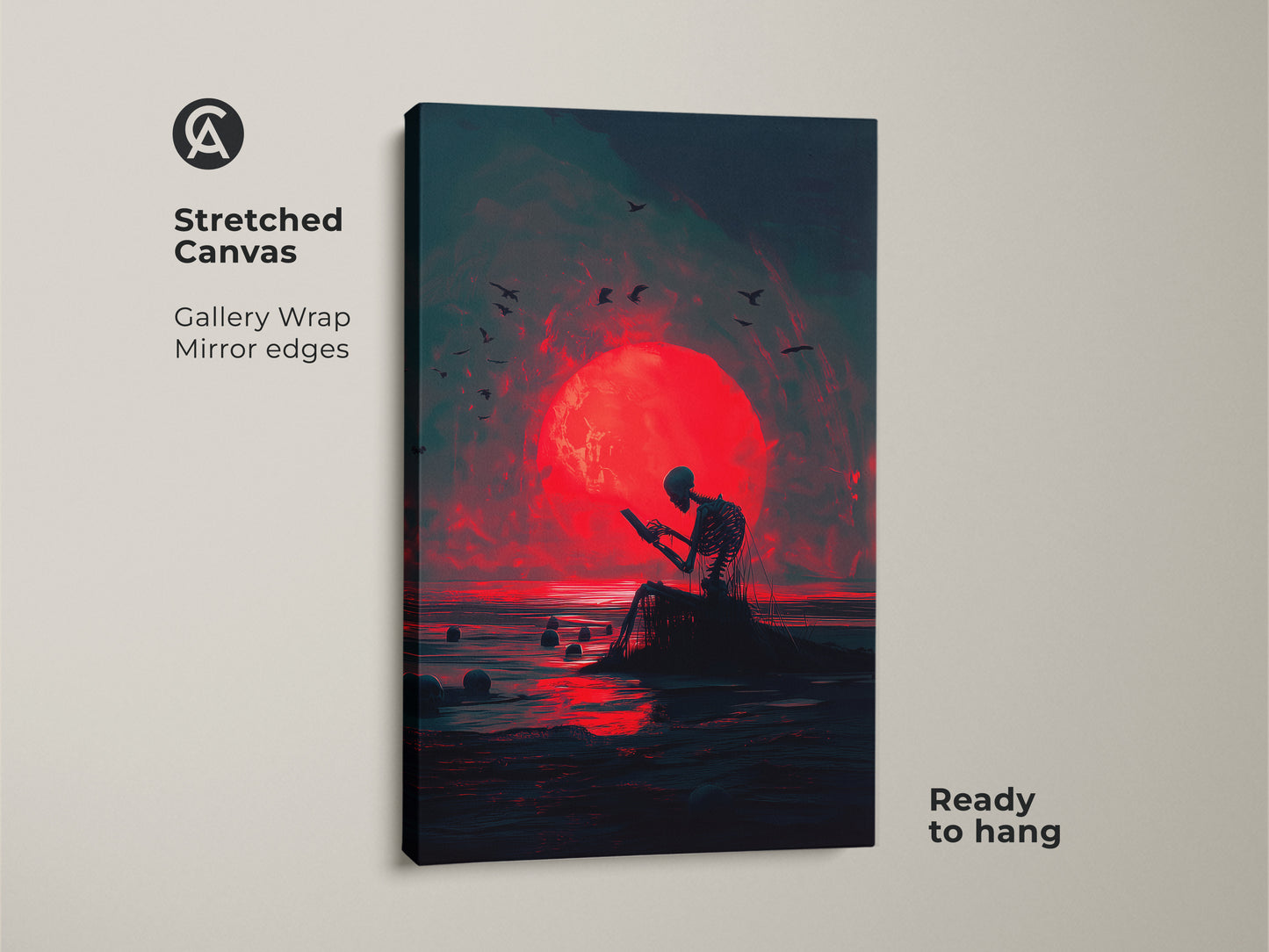 Stretched canvas artwork of a skeleton reading under a red moon. This gallery wrapped canvas has mirrored edges. The art has a dark moody aesthetic. This canvas is ready to hang in your home.