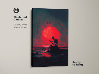 Stretched canvas artwork of a skeleton reading under a red moon. This gallery wrapped canvas has mirrored edges. The art has a dark moody aesthetic. This canvas is ready to hang in your home.