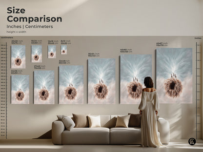 A size comparison of the Meerkat & Dandelion art canvas and poster prints is shown. See how the artwork looks in different sizes. Perfect artistic meerkat print or coastal boho art.