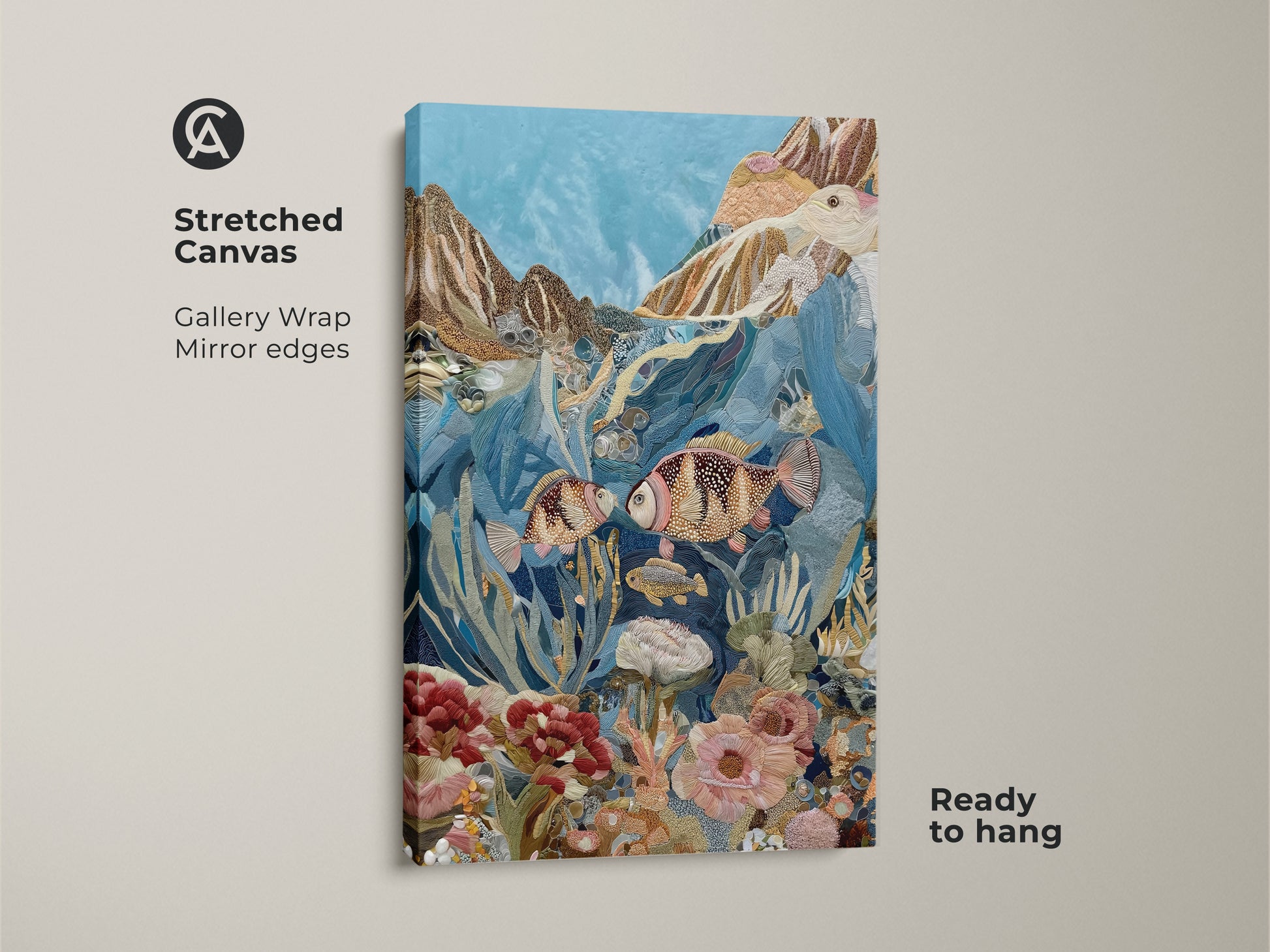 Stretched canvas embroidered ocean artwork ready to hang. The gallery wrap features mirrored edges. This textured fish canvas print is in blue gold and teal colors. It captures marine life making it ideal for eclectic decor or a unique gift for sea enthusiasts.