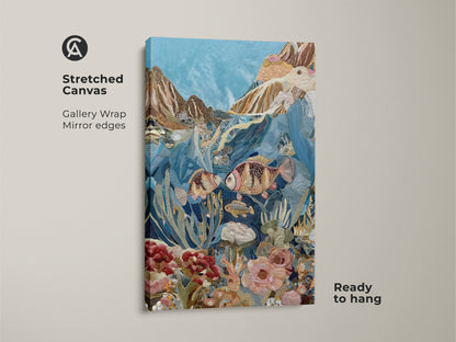 Stretched canvas embroidered ocean artwork ready to hang. The gallery wrap features mirrored edges. This textured fish canvas print is in blue gold and teal colors. It captures marine life making it ideal for eclectic decor or a unique gift for sea enthusiasts.