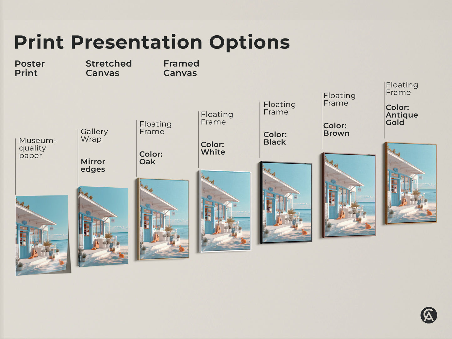 Various print options are showcased including poster prints stretched canvas and framed canvas. Each features a beachside cafe scene with an orange cat and guitar. Find the perfect presentation to match your personal style. Museum-quality paper and mirror edges available.