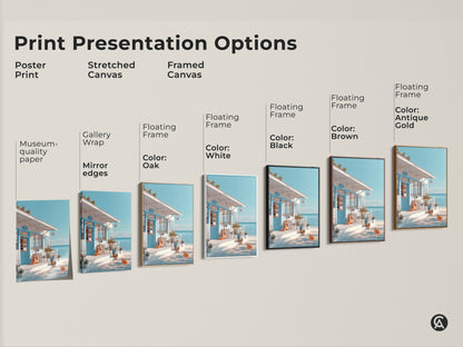 Various print options are showcased including poster prints stretched canvas and framed canvas. Each features a beachside cafe scene with an orange cat and guitar. Find the perfect presentation to match your personal style. Museum-quality paper and mirror edges available.