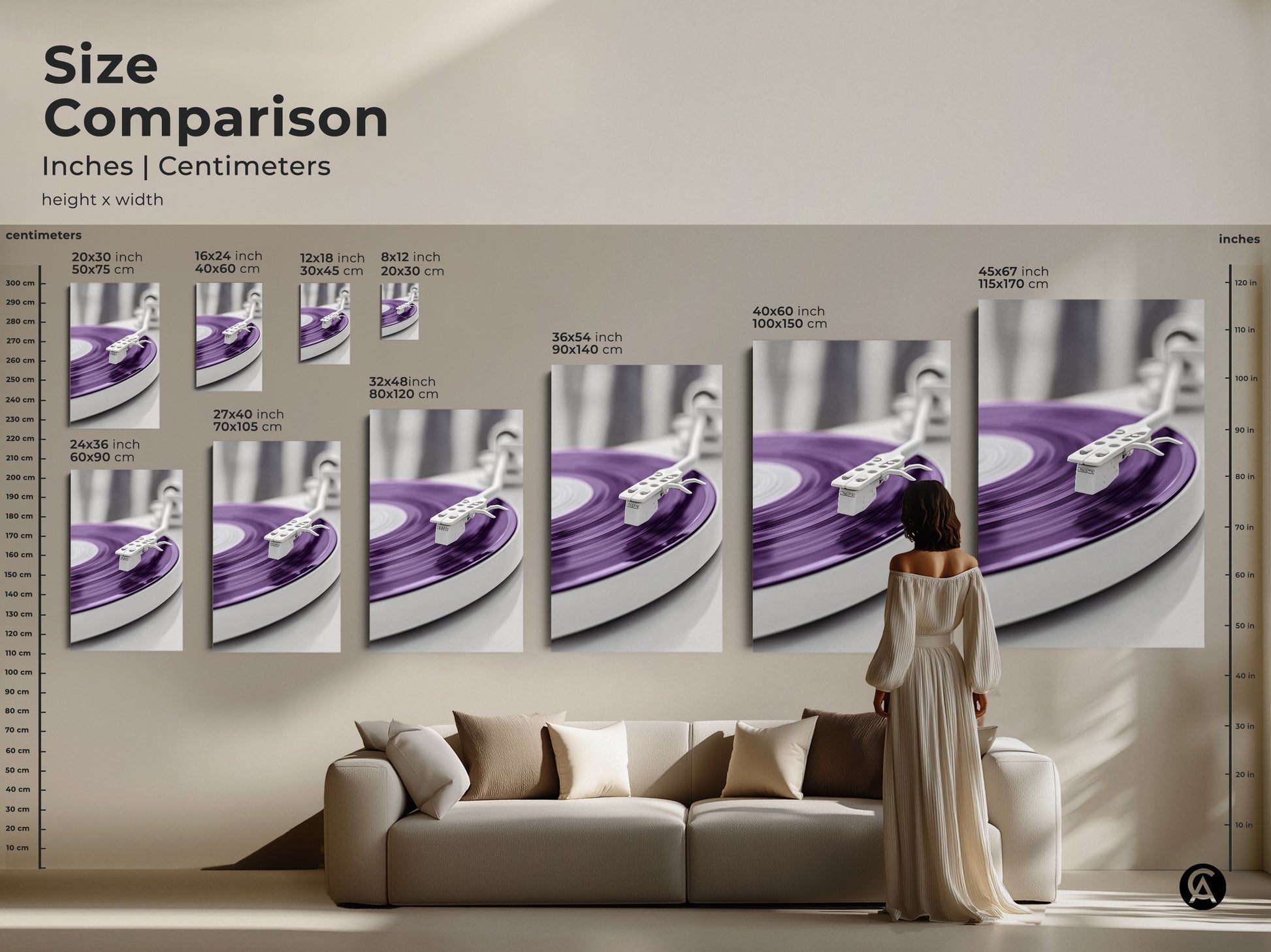 Size comparison of purple vinyl record art prints in inches and centimeters. Visualize the scale with a model and sofa. Ranging from 20x30 cm to 45x67 inches. See how this modern abstract wall art enhances your living space and complements your mid-century modern decor.