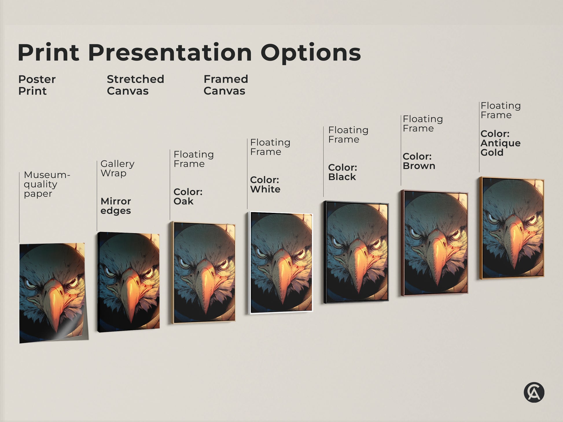 Print presentation options for Griffin artwork. Poster prints stretched canvas and framed canvas. Various floating frame colors are available including black brown oak antique gold and white. Museum-quality edges.
