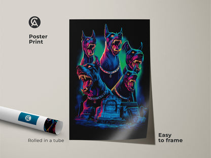 Poster print of a Gothic Cerberus. This mythology art piece has a dark fantasy dog in neon blue and electric pink. The artwork comes rolled in a tube. It is easy to frame and add to your Halloween decor or man cave art.
