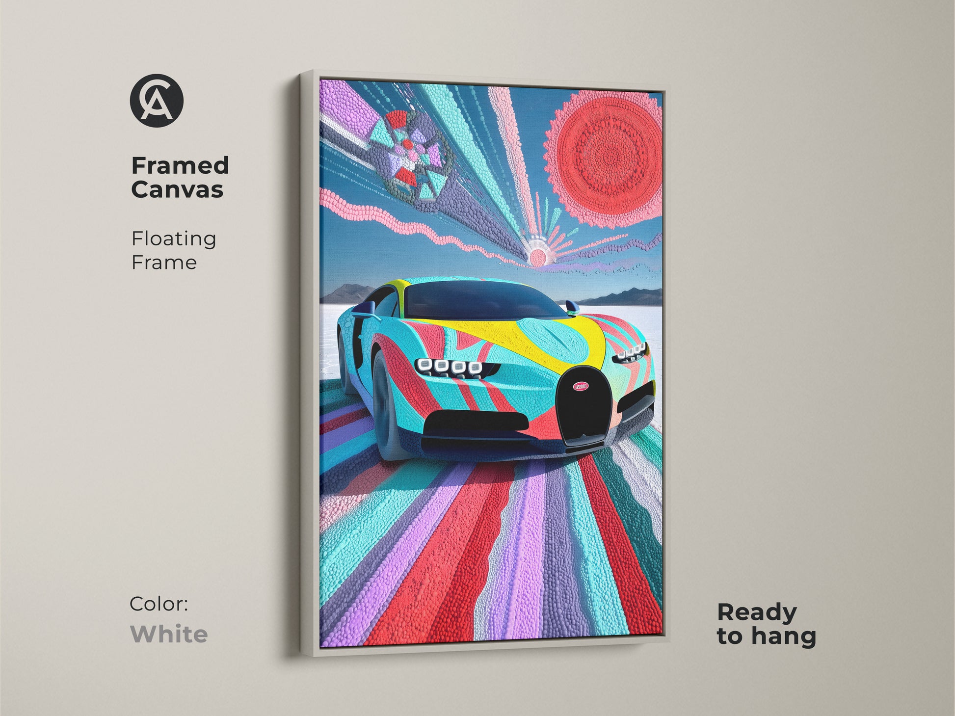 Framed canvas of an abstract Bugatti Vision art print with a white floating frame. The art is ready to hang. The colorful artwork enhances any room with its eclectic style. A perfect high quality piece for car enthusiasts and modern art collectors.