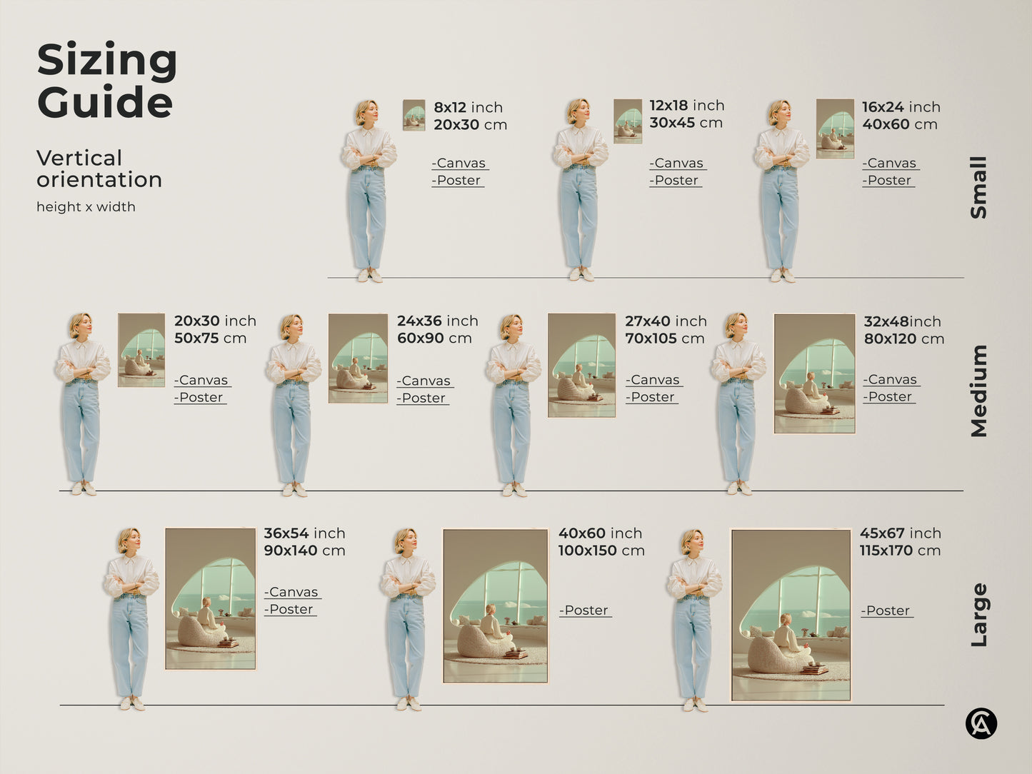 Sizing Guide for Minimalist Woman Meditation Art. This vertical orientation shows canvas and poster sizes. Find the ideal scale for your zen yoga wall art canvas decor print today.