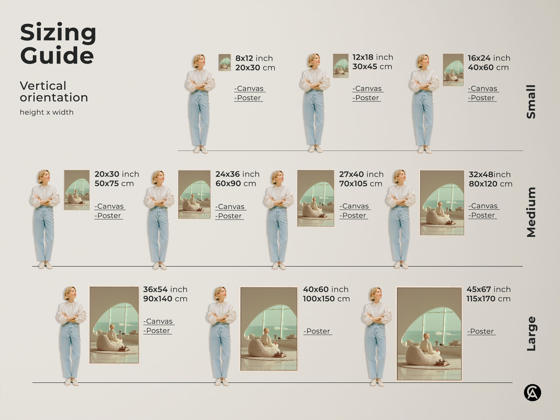 Sizing Guide for Minimalist Woman Meditation Art. This vertical orientation shows canvas and poster sizes. Find the ideal scale for your zen yoga wall art canvas decor print today.