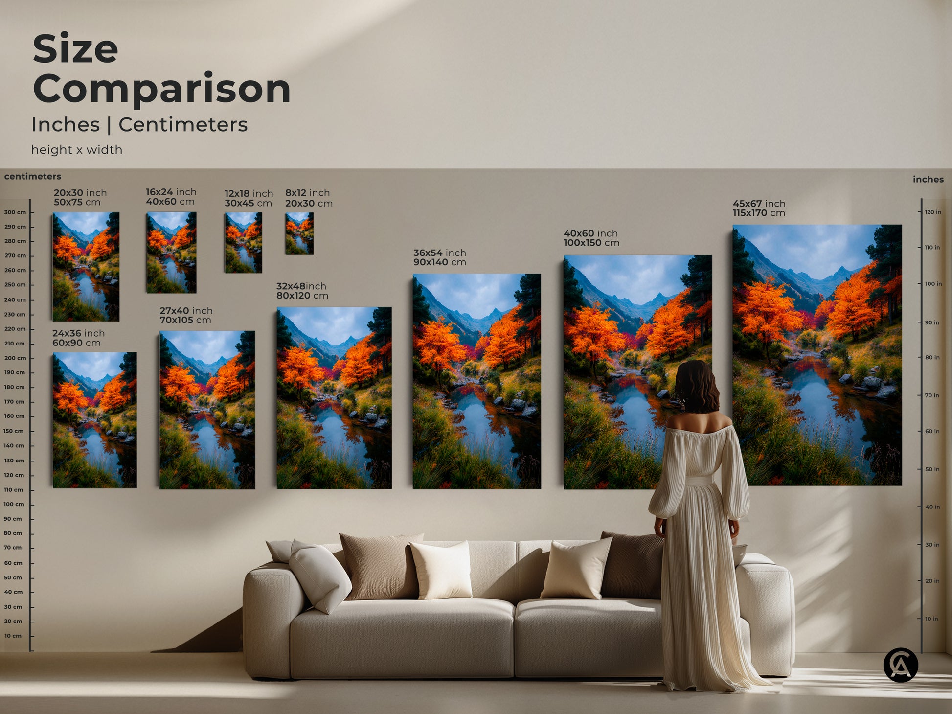 Compare sizes of this captivating artwork featuring a serene autumn river. Available in various dimensions to suit any space. Choose the perfect size to elevate your home decor with this beautiful canvas or poster print. Transform any room.