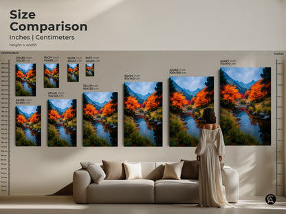 Compare sizes of this captivating artwork featuring a serene autumn river. Available in various dimensions to suit any space. Choose the perfect size to elevate your home decor with this beautiful canvas or poster print. Transform any room.
