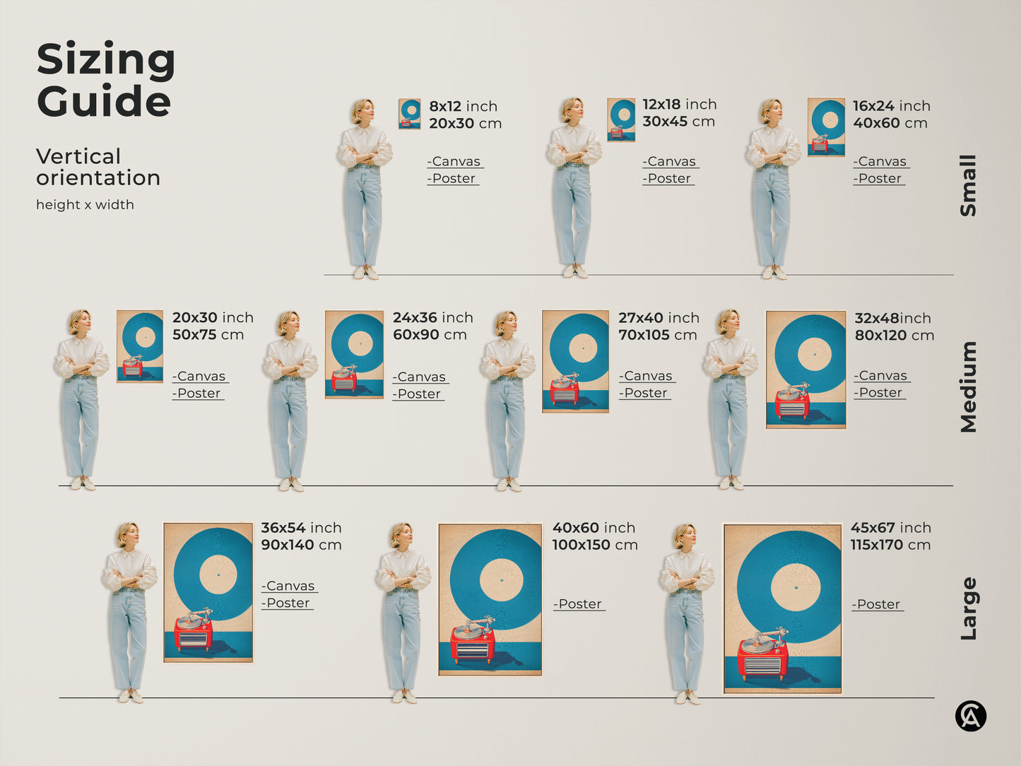 Sizing guide for vertical mid-century modern turntable canvas and poster art. Available in small medium and large sizes. Teal and red music wall art dimensions for easy planning. Vintage record player poster sizes to fit any space. Find the perfect size for your home office or den wall hanging.