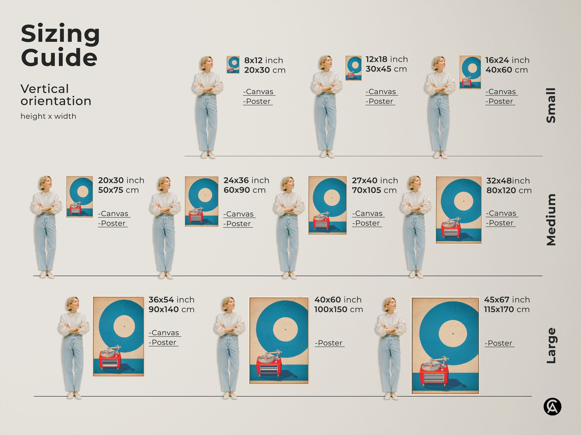 Sizing guide for vertical mid-century modern turntable canvas and poster art. Available in small medium and large sizes. Teal and red music wall art dimensions for easy planning. Vintage record player poster sizes to fit any space. Find the perfect size for your home office or den wall hanging.
