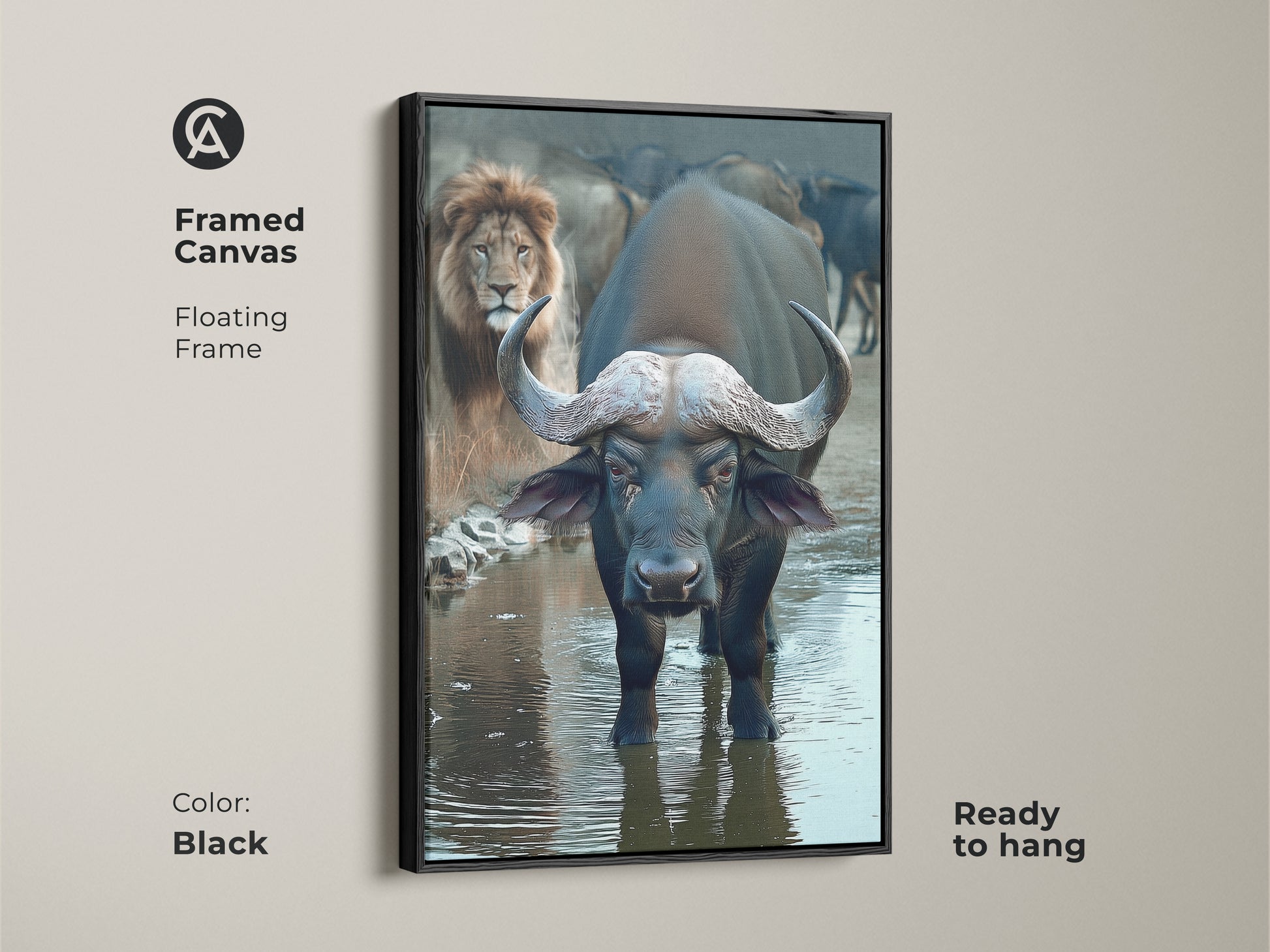 Framed in black this Buffalo and Lion wall art is an African wildlife canvas print. The safari animals artwork has a photorealistic style. This eclectic home decor is ready to hang. It's a dark blue and brown art piece. It's a great housewarming gift idea.