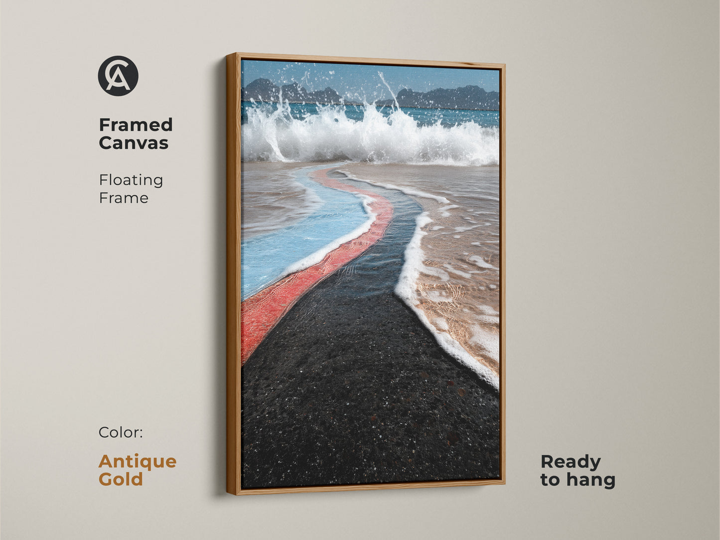 Antique gold framed canvas presents abstract coastal artwork. The floating frame complements the beach landscape print. Features teal and coral blue colors perfect for modern home decor. Ocean wave painting is ready to hang.