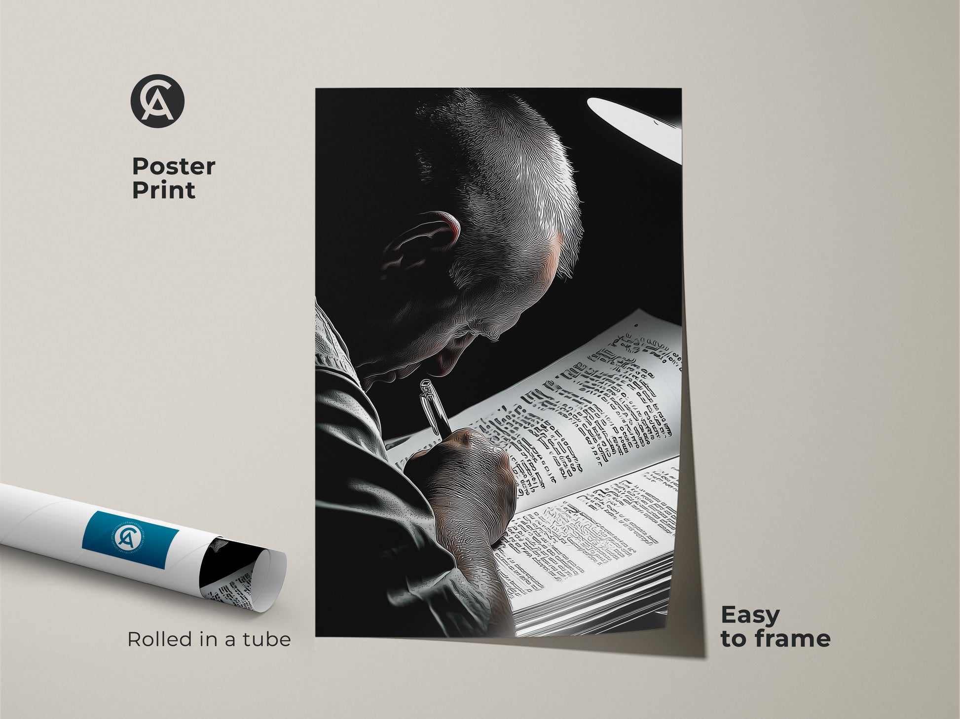 The rolled poster print shows a man absorbed in reading in a striking black and white graphic novel style. This piece is easy to frame and adds intellectual charm to any room. Ideal for library decor and office bookshelf art it's a perfect writer gift idea. The contemporary bw art enhances study wall art.