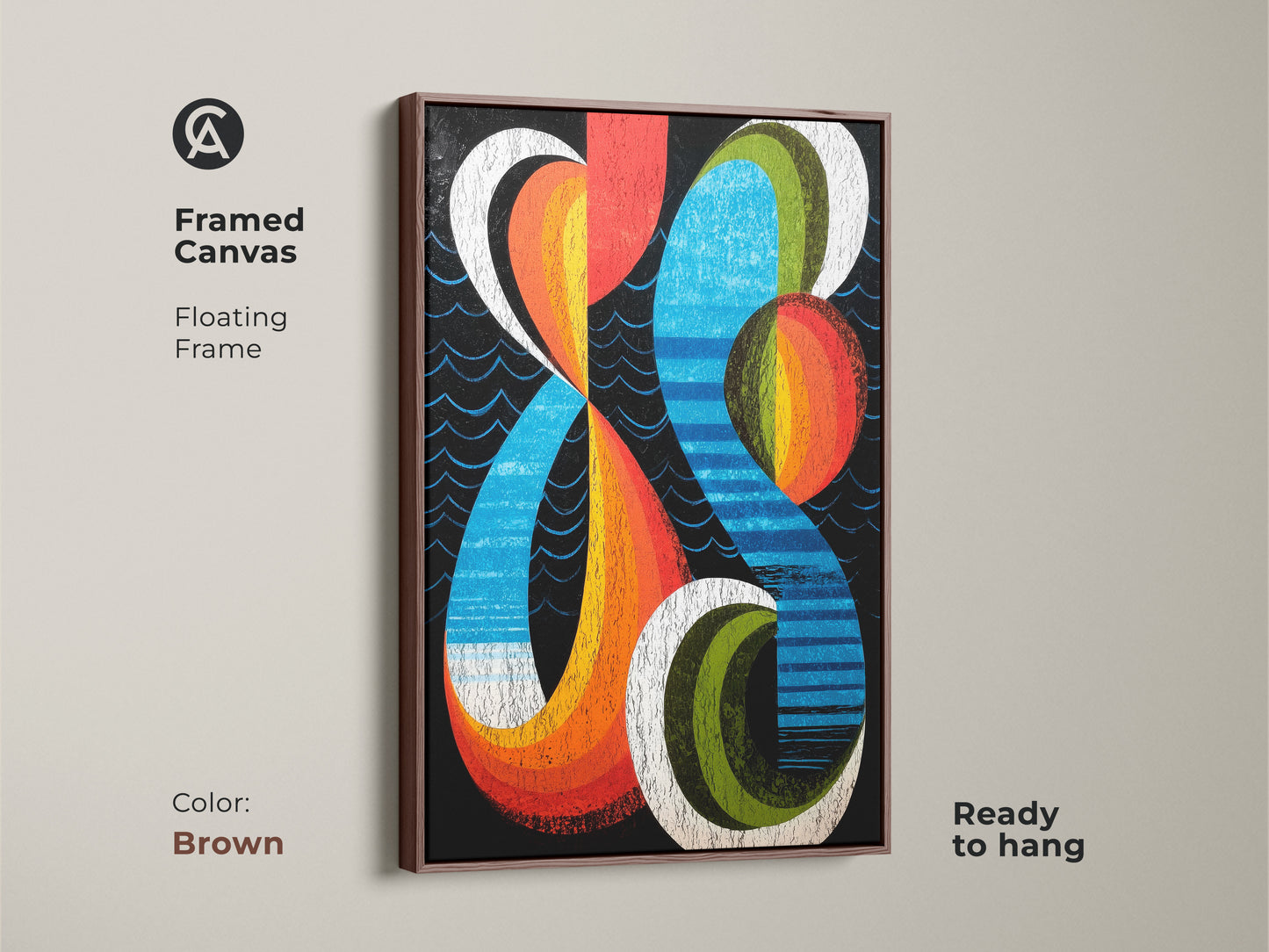 A framed canvas with a brown floating frame showcasing geometric abstract artwork. Mid-century modern wall art features a retro orange blue and red design. Ready to hang this artwork adds a bold and colorful touch to your office or home decor. An excellent gift for art enthusiasts.