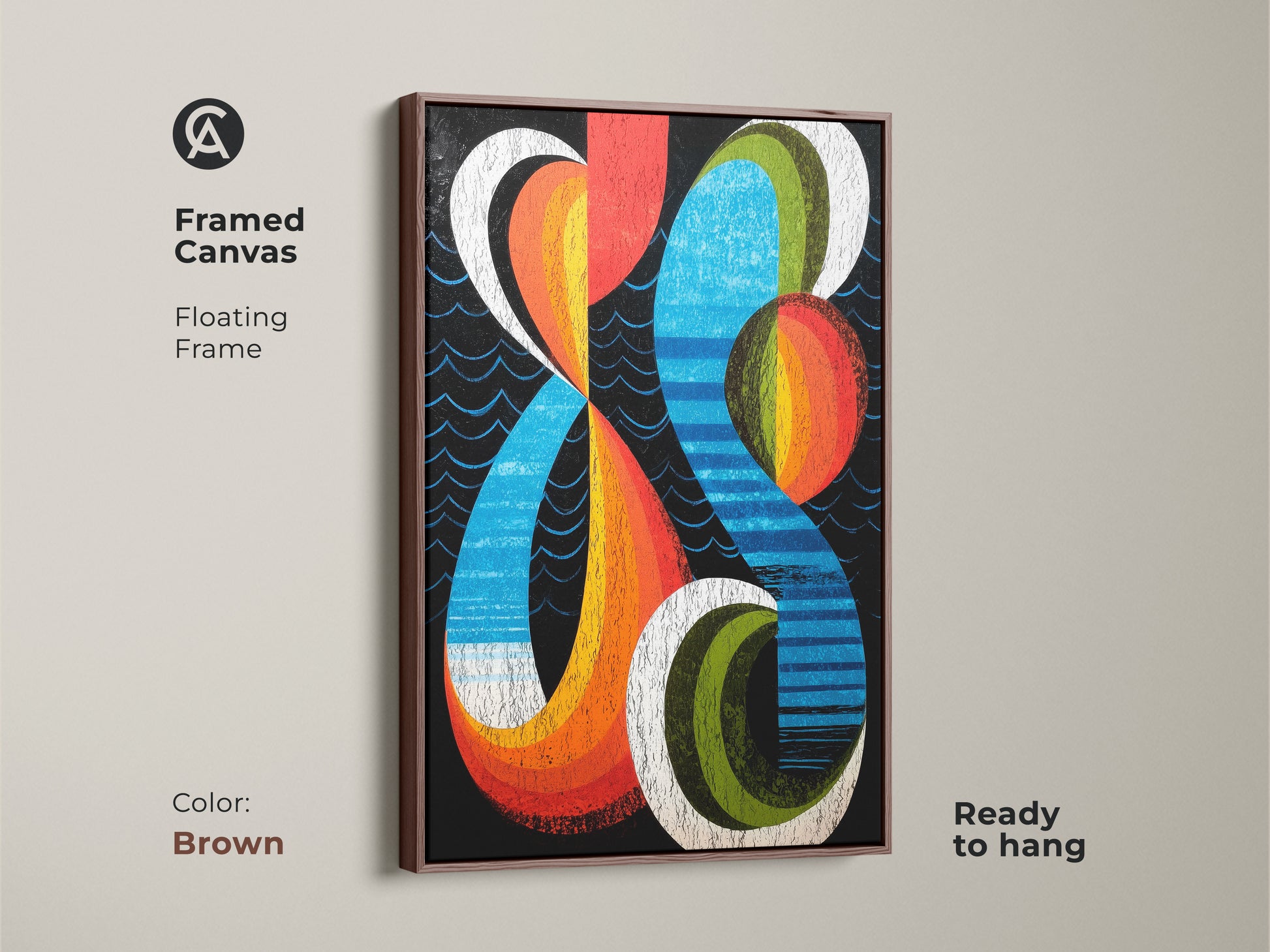 A framed canvas with a brown floating frame showcasing geometric abstract artwork. Mid-century modern wall art features a retro orange blue and red design. Ready to hang this artwork adds a bold and colorful touch to your office or home decor. An excellent gift for art enthusiasts.