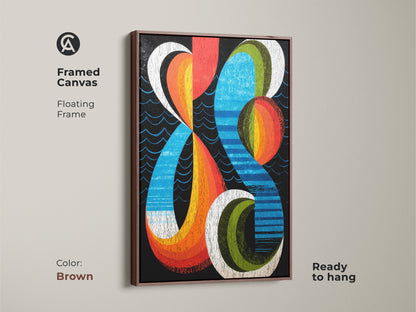 A framed canvas with a brown floating frame showcasing geometric abstract artwork. Mid-century modern wall art features a retro orange blue and red design. Ready to hang this artwork adds a bold and colorful touch to your office or home decor. An excellent gift for art enthusiasts.
